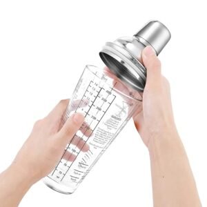 glass cocktail shaker, 14 oz, stainless steel, printed recipes, leak proof lid, silver, martini shaker, bartender kit